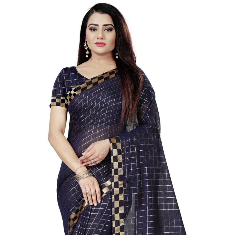 Generic Women's Cotton Silk Checkered Saree With Unstitched Blouse 5.5Mtr (Multicolor)