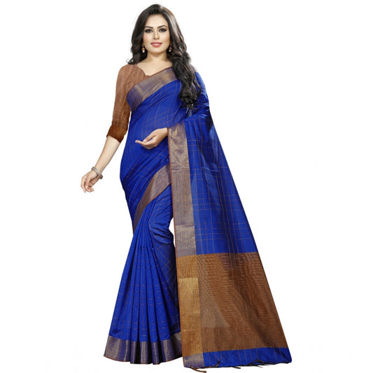 Generic Women's Cotton Silk Self Design Saree With Unstitched Blouse 5.5Mtr (Blue)