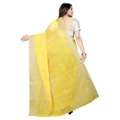 Generic Women's Cotton Silk Embroidered Saree With Unstitched Blouse 5.5Mtr (Yellow)