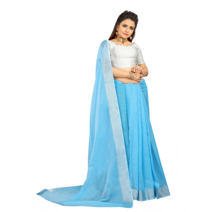 Generic Women's Cotton Silk Self Design Saree With Unstitched Blouse 5.5Mtr (Light Blue)