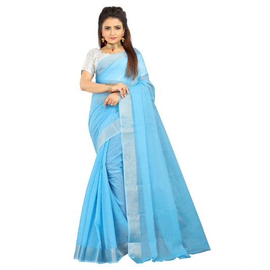 Generic Women's Cotton Silk Self Design Saree With Unstitched Blouse 5.5Mtr (Light Blue)