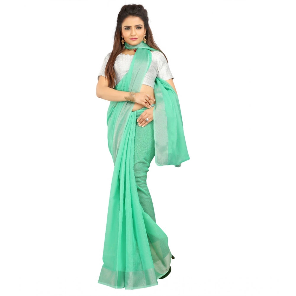 Generic Women's Cotton Silk Self Design Saree With Unstitched Blouse 5.5Mtr (Green)