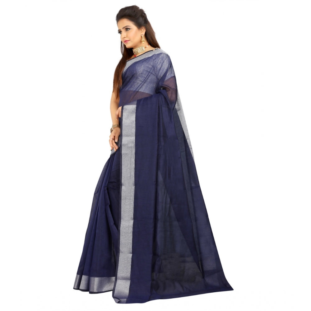 Generic Women's Cotton Silk Self Design Saree With Unstitched Blouse 5.5Mtr (Blue)