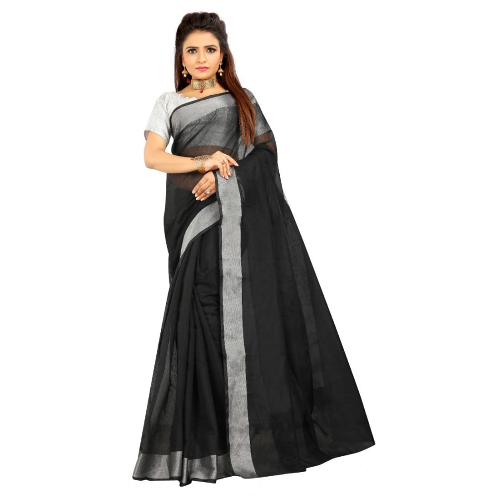 Generic Women's Cotton Silk Self Design Saree With Unstitched Blouse 5.5Mtr (Black)