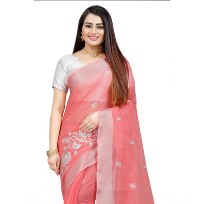 Generic Women's Cotton Silk Embroidered Saree With Unstitched Blouse 5.5Mtr (Pink)