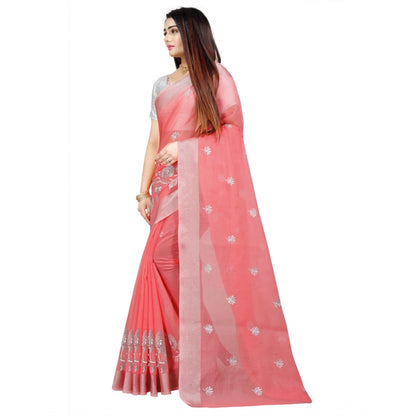 Generic Women's Cotton Silk Embroidered Saree With Unstitched Blouse 5.5Mtr (Pink)