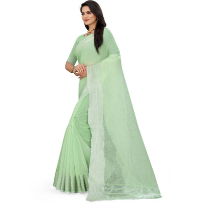 Generic Women's Cotton Jute Self Design Saree With Unstitched Blouse 5.5Mtr (Green)