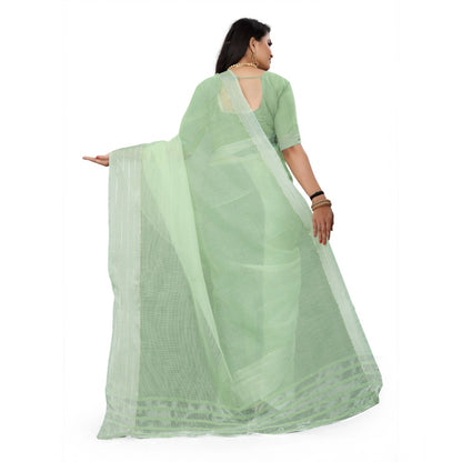 Generic Women's Cotton Jute Self Design Saree With Unstitched Blouse 5.5Mtr (Green)