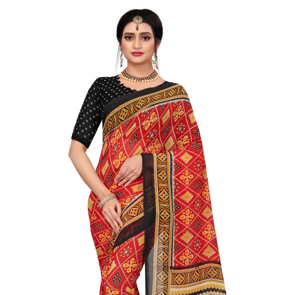 Generic Women's Georgette Floral Print Saree With Unstitched Blouse 5.5Mtr (Red)