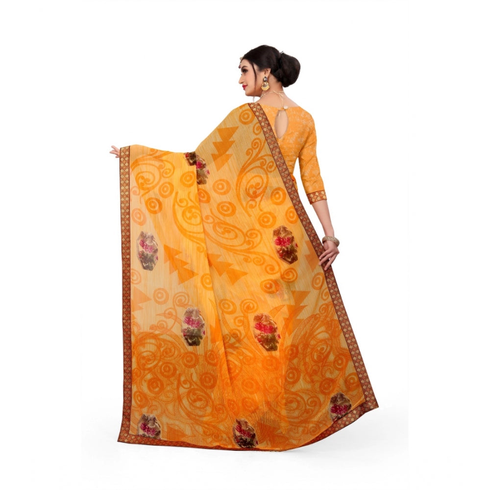 Generic Women's Georgette Floral Print Saree With Unstitched Blouse 5.5Mtr (Mustard)