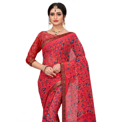 Generic Women's Georgette Floral Print Saree With Unstitched Blouse 5.5Mtr (Red)