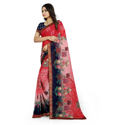 Generic Women's Georgette Floral Print Saree With Unstitched Blouse 5.5Mtr (Red-Blue)