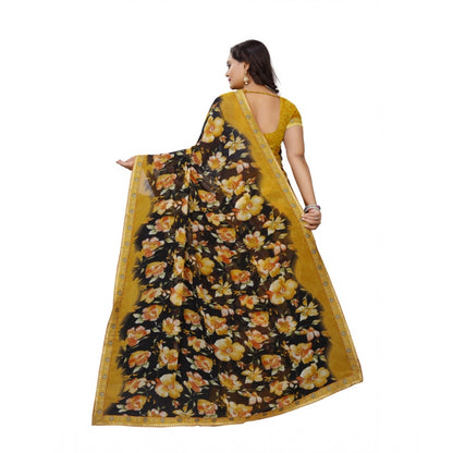 Generic Women's Georgette Floral Print Saree With Unstitched Blouse 5.5Mtr (Black-Mustard)