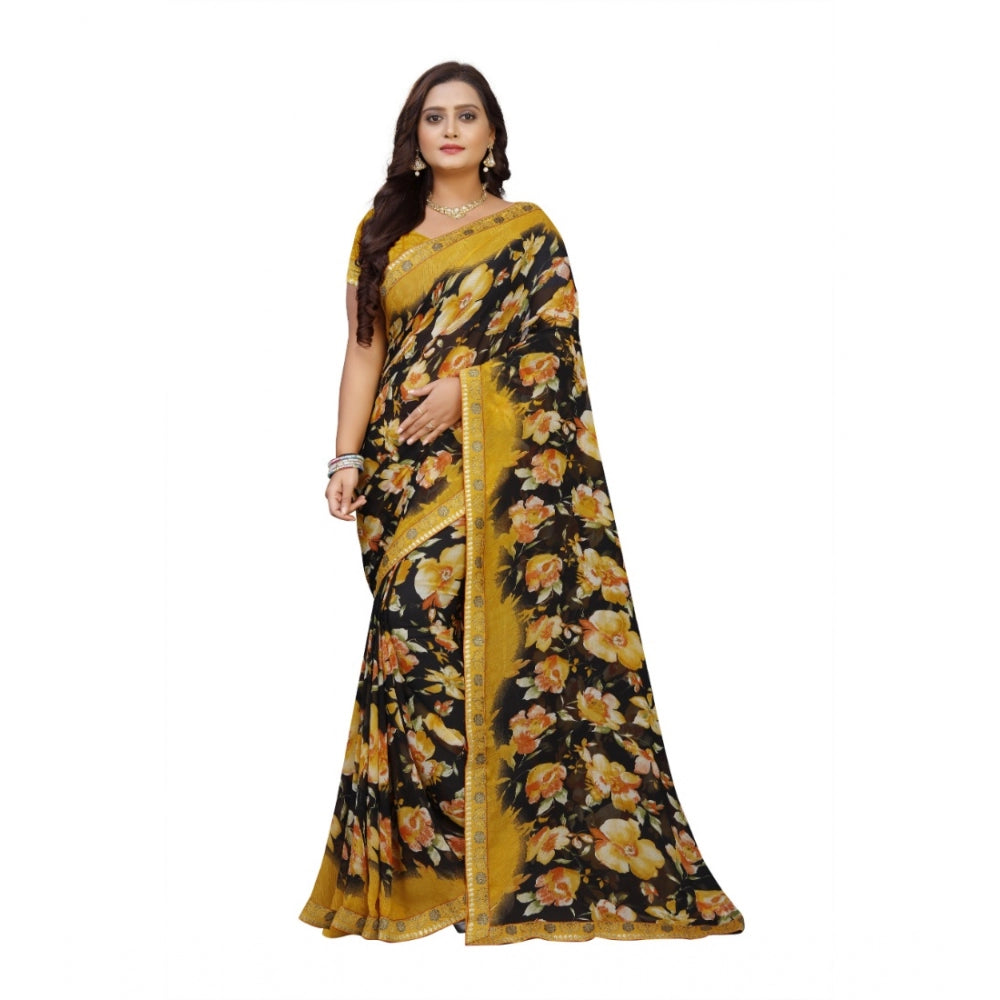 Generic Women's Georgette Floral Print Saree With Unstitched Blouse 5.5Mtr (Black-Mustard)