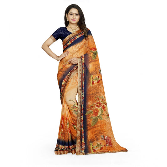 Generic Women's Georgette Floral Print Saree With Unstitched Blouse 5.5Mtr (Blue-Orange)