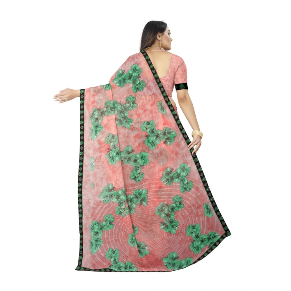 Generic Women's Georgette Floral Print Saree With Unstitched Blouse 5.5Mtr (Pink)