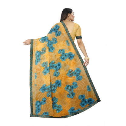 Generic Women's Georgette Floral Print Saree With Unstitched Blouse 5.5Mtr (Blue-Orange)