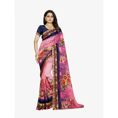 Generic Women's Georgette Floral Print Saree With Unstitched Blouse 5.5Mtr (Blue-Pink)