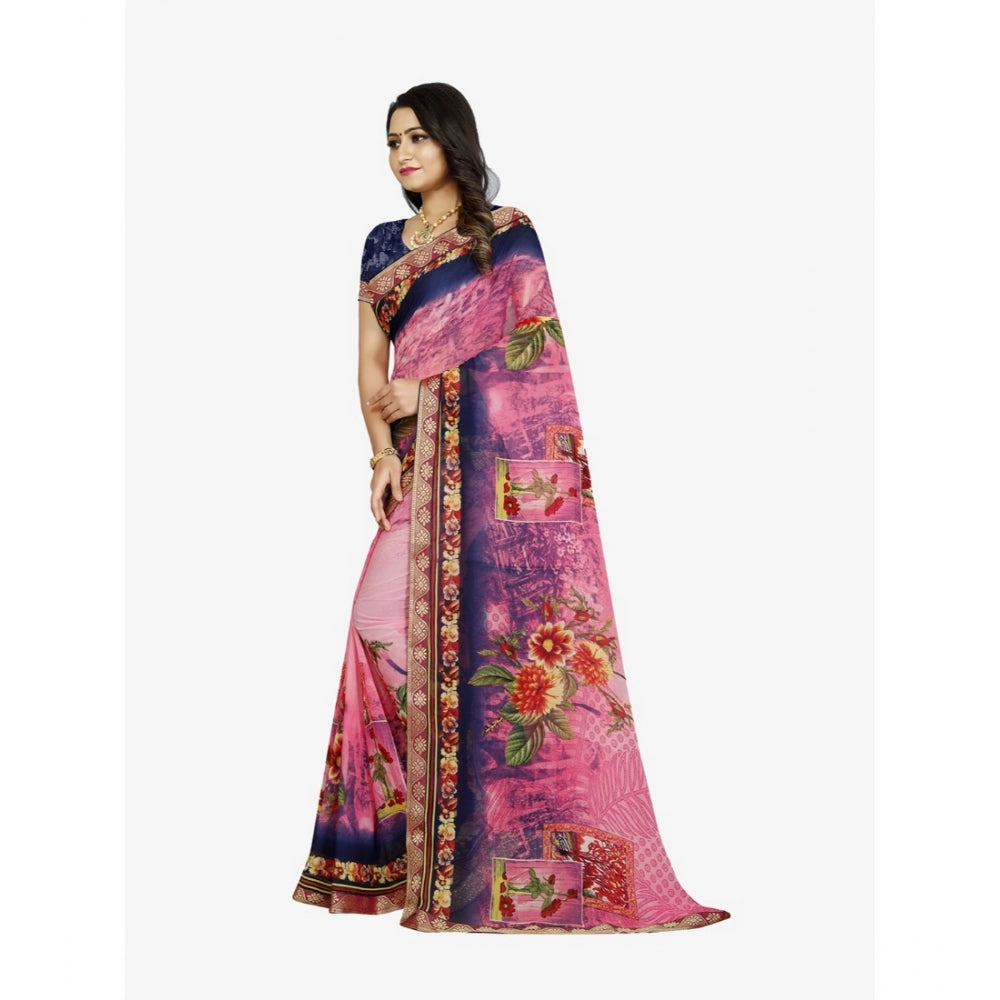 Generic Women's Georgette Floral Print Saree With Unstitched Blouse 5.5Mtr (Blue-Pink)