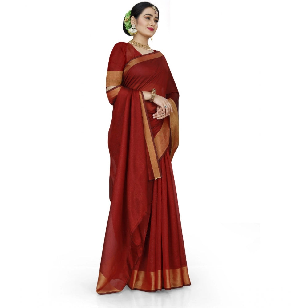 Generic Women's Cotton Silk Self Design Saree With Unstitched Blouse 5.5Mtr (Red)