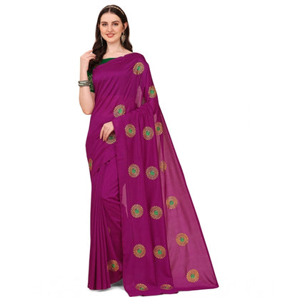 Generic Women's Silk Blend Embroidered Saree With Unstitched Blouse 5.5Mtr (Purple)