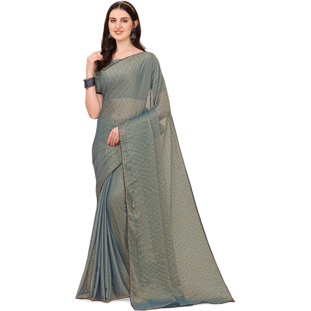 Generic Women's Silk Blend Embellished Saree With Unstitched Blouse 5.5Mtr (Grey)