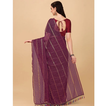 Generic Women's Silk Blend Checkered Saree With Unstitched Blouse 5.5Mtr (Maroon)