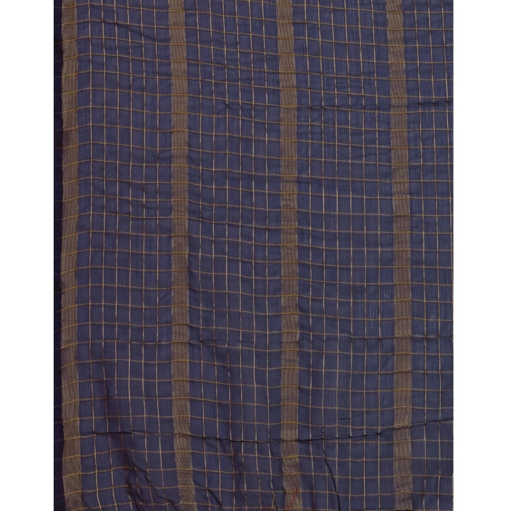 Generic Women's Silk Blend Checkered Saree With Unstitched Blouse 5.5Mtr (Blue)