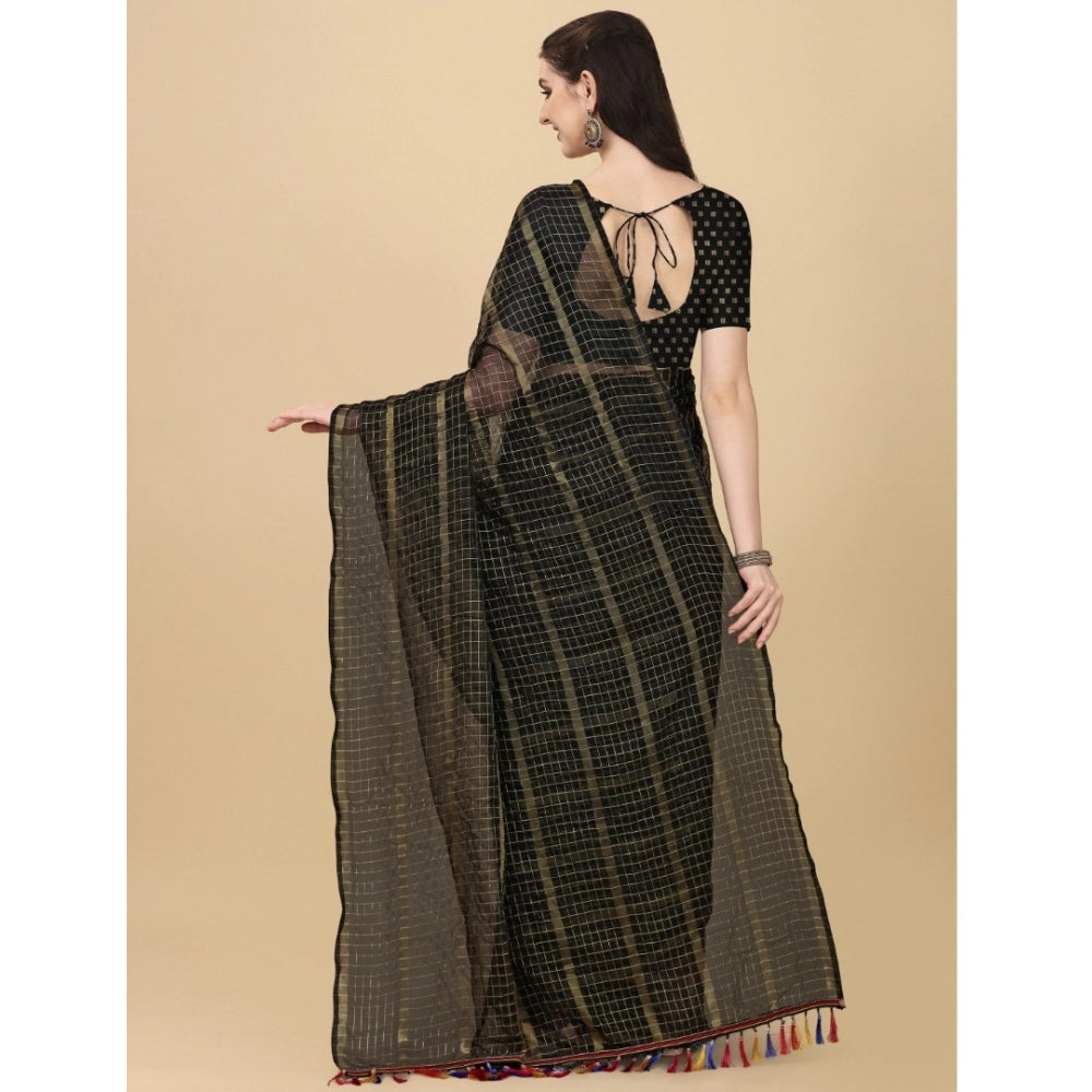 Generic Women's Silk Blend Checkered Saree With Unstitched Blouse 5.5Mtr (Black)