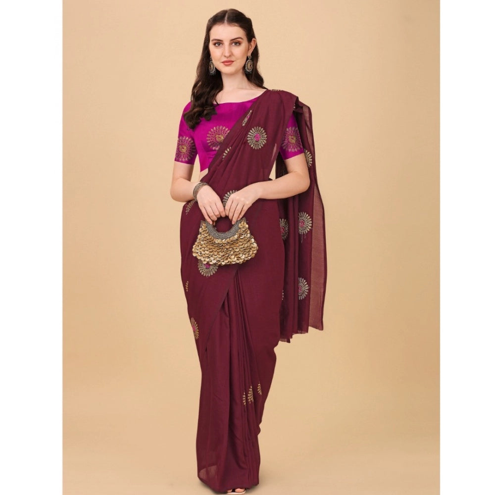 Generic Women's Silk Blend Embroidered Saree With Unstitched Blouse 5.5Mtr (Brown)