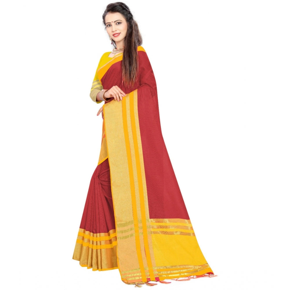 Generic Women's Jacquard Striped Saree With Unstitched Blouse 5.5Mtr (Red)