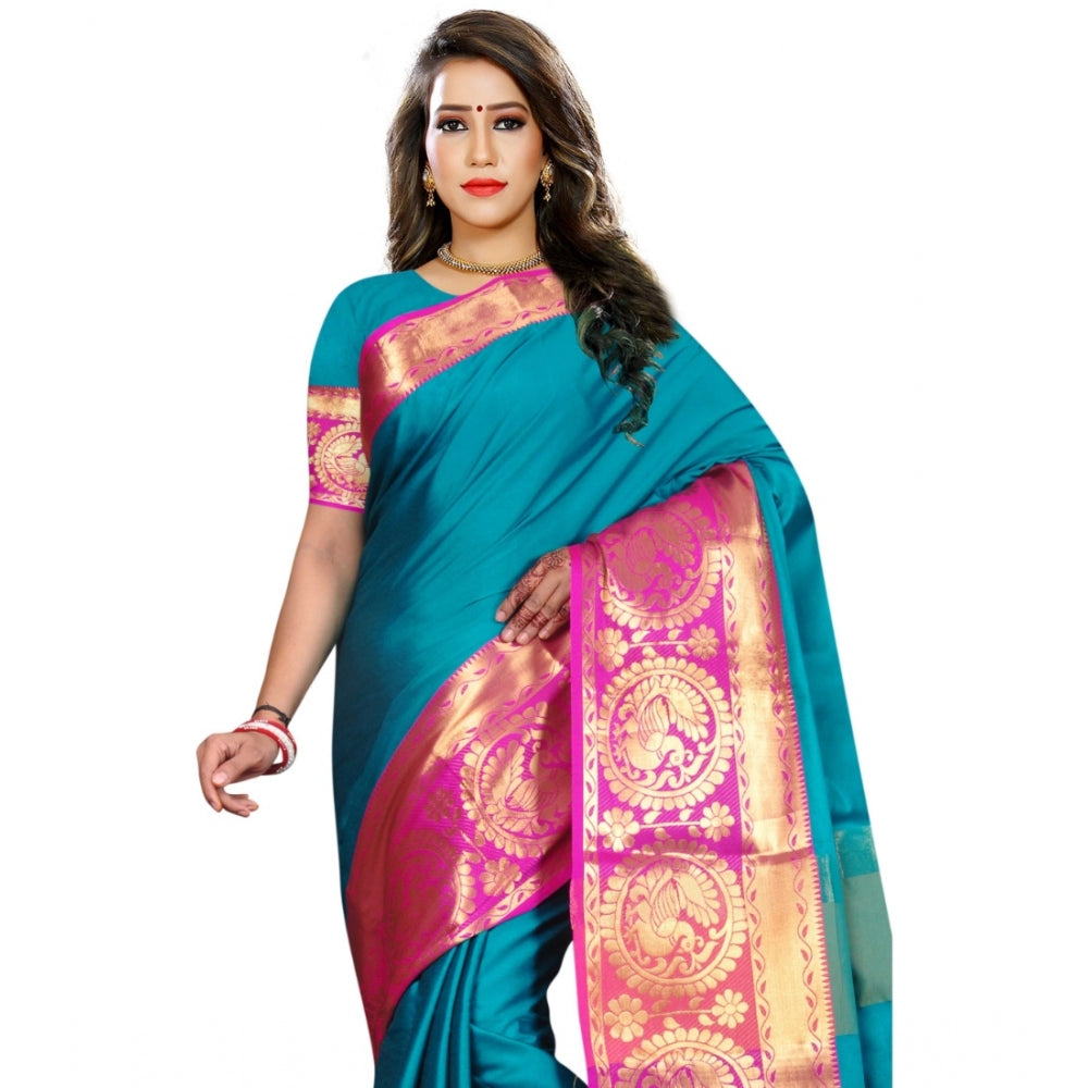 Generic Women's Jacquard Woven Saree With Unstitched Blouse 5.5Mtr (Dark Green)