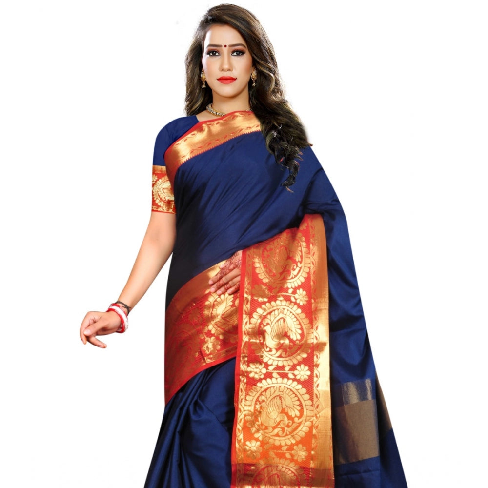 Generic Women's Jacquard Woven Saree With Unstitched Blouse 5.5Mtr (Dark Blue)