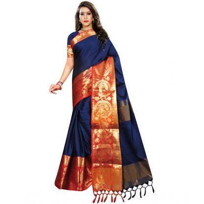 Generic Women's Jacquard Woven Saree With Unstitched Blouse 5.5Mtr (Dark Blue)