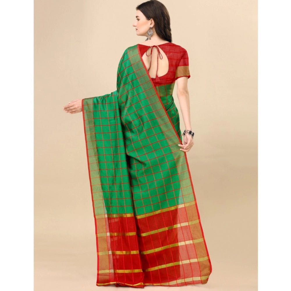 Generic Women's Cotton Silk Checkered Saree With Unstitched Blouse 5.5Mtr (Dark Green)