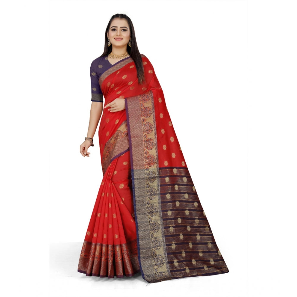 Generic Women's Jacquard Woven Saree With Unstitched Blouse 5.5Mtr (Red)