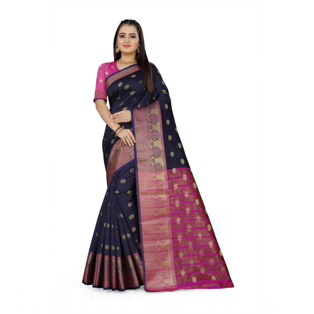 Generic Women's Jacquard Woven Saree With Unstitched Blouse 5.5Mtr (Dark Blue)