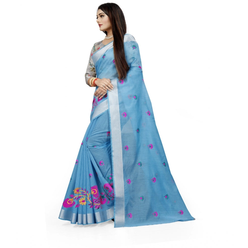 Generic Women's Cotton Silk Embroidered Saree With Unstitched Blouse 5.5Mtr (Light Blue)