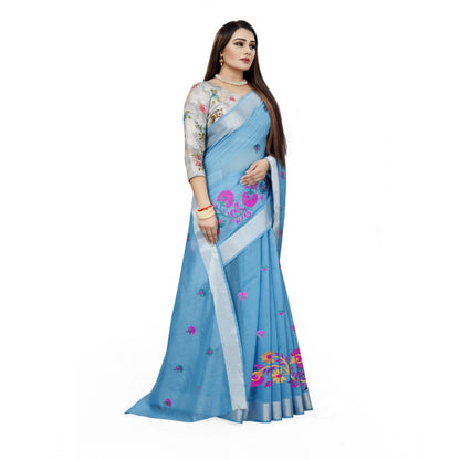 Generic Women's Cotton Silk Embroidered Saree With Unstitched Blouse 5.5Mtr (Light Blue)