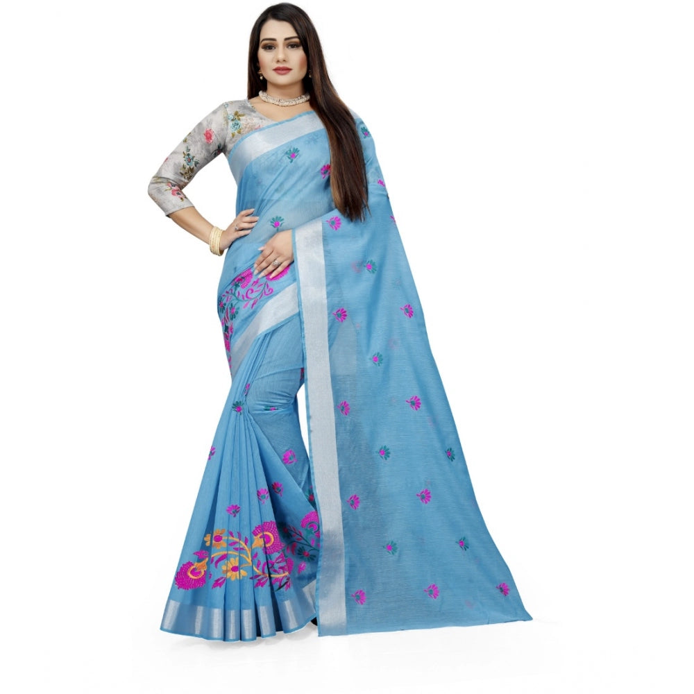 Generic Women's Cotton Silk Embroidered Saree With Unstitched Blouse 5.5Mtr (Light Blue)