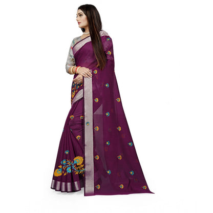 Generic Women's Cotton Silk Embroidered Saree With Unstitched Blouse 5.5Mtr (Purple)