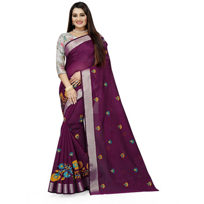 Generic Women's Cotton Silk Embroidered Saree With Unstitched Blouse 5.5Mtr (Purple)