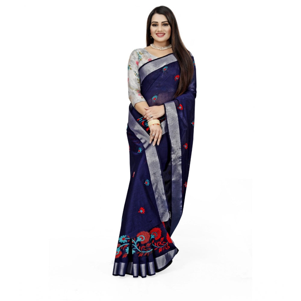 Generic Women's Cotton Silk Embroidered Saree With Unstitched Blouse 5.5Mtr (Dark Blue)