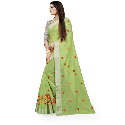 Generic Women's Cotton Silk Embroidered Saree With Unstitched Blouse 5.5Mtr (Light Green)