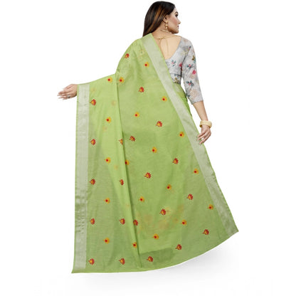 Generic Women's Cotton Silk Embroidered Saree With Unstitched Blouse 5.5Mtr (Light Green)