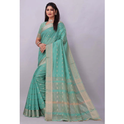 Generic Women's Silk Blend Woven Saree With Unstitched Blouse 5.5Mtr (Dark Green)