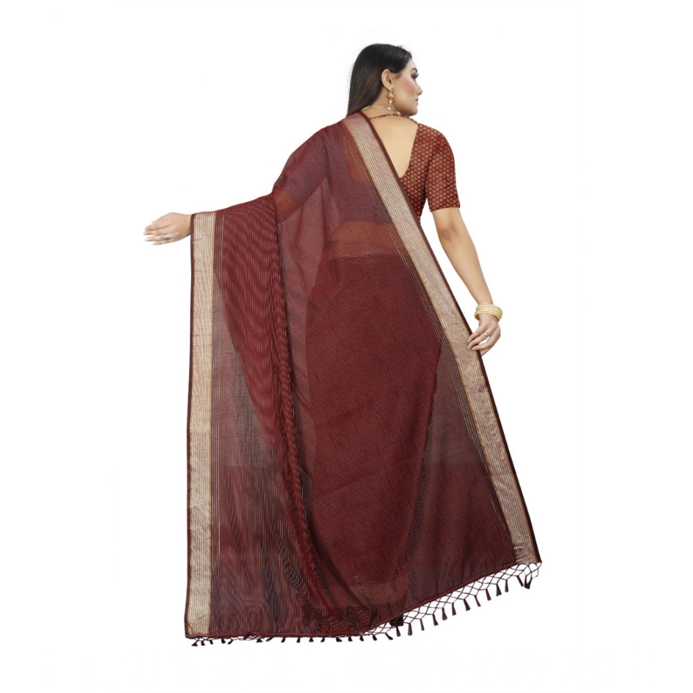 Generic Women's Cotton Blend Solid/Plain Saree With Unstitched Blouse 5.5Mtr (Maroon)