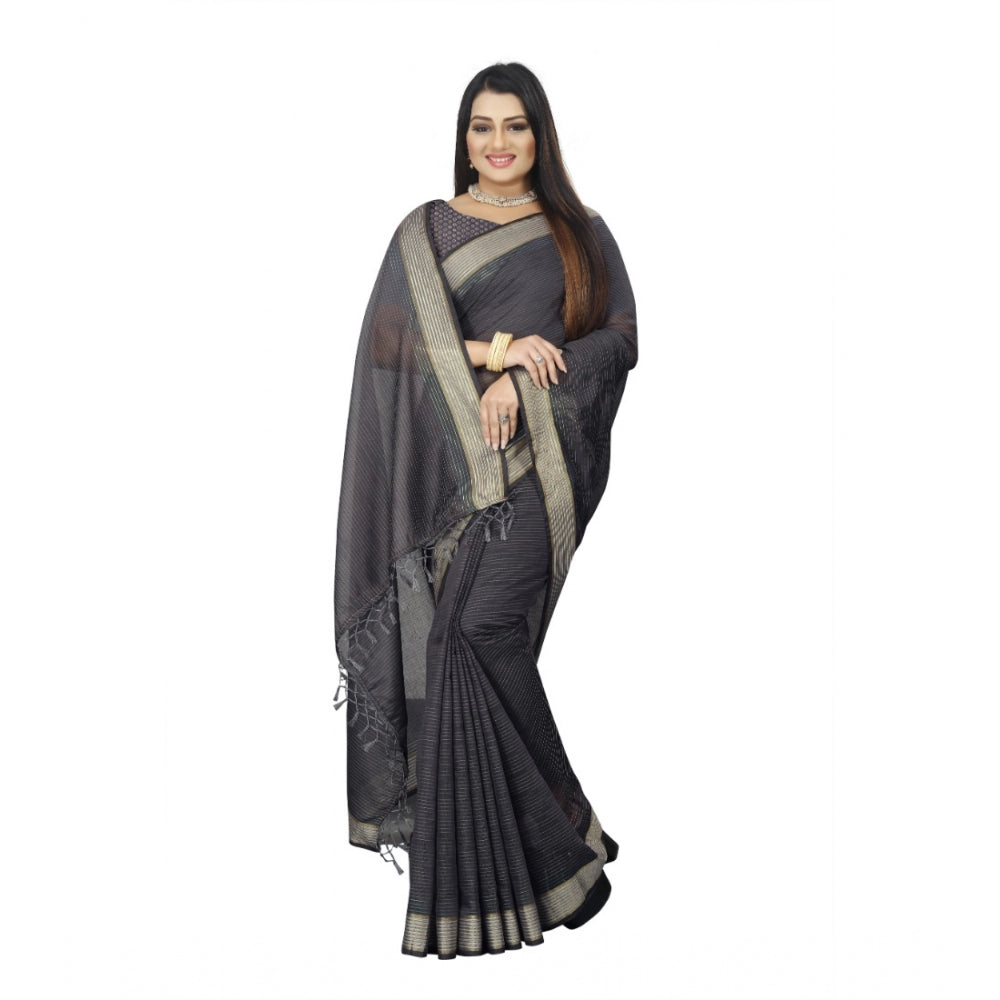 Generic Women's Cotton Blend Solid/Plain Saree With Unstitched Blouse 5.5Mtr (Grey)