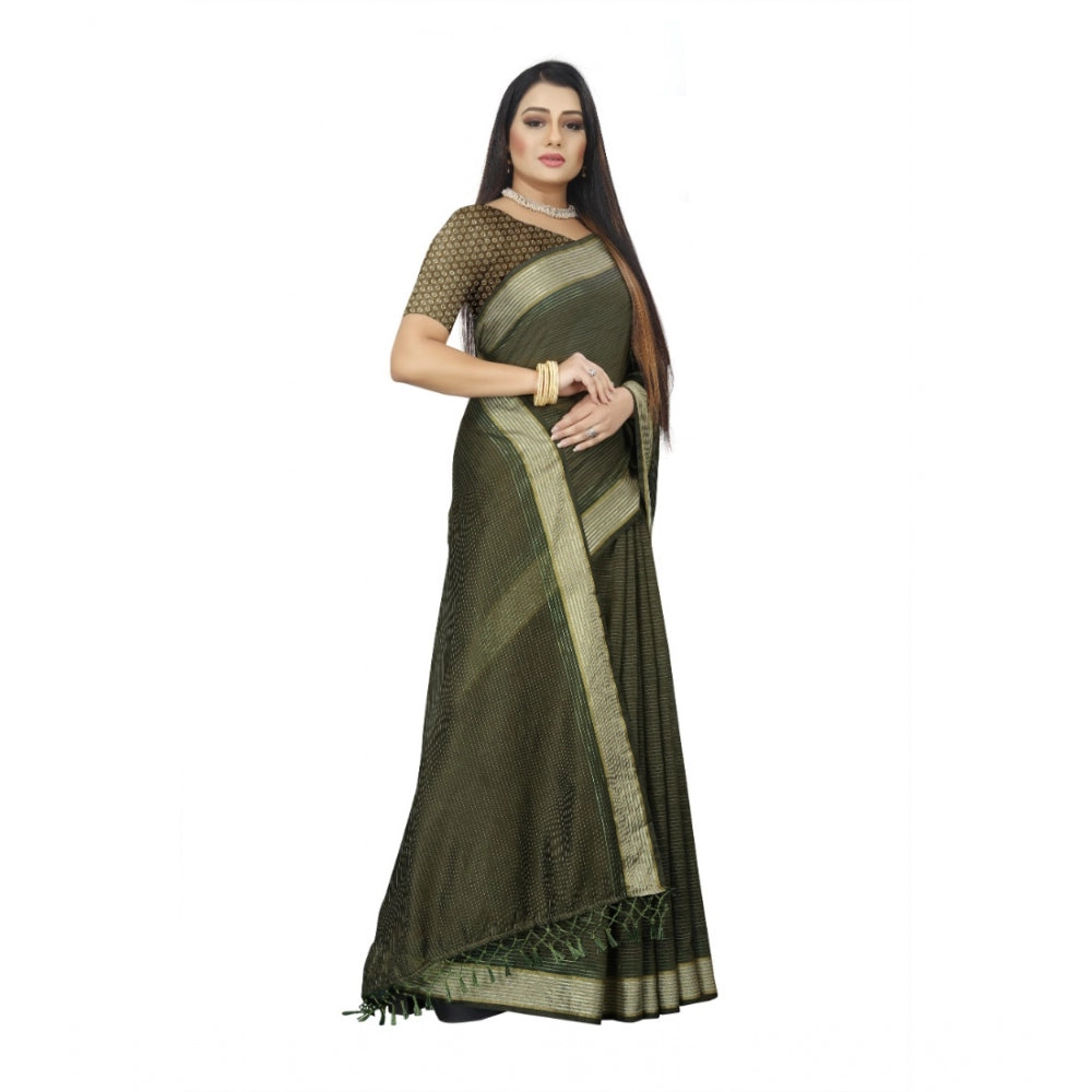 Generic Women's Cotton Blend Solid/Plain Saree With Unstitched Blouse 5.5Mtr (Green)