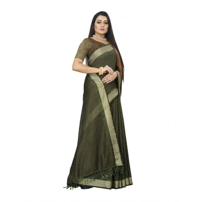 Generic Women's Cotton Blend Solid/Plain Saree With Unstitched Blouse 5.5Mtr (Green)